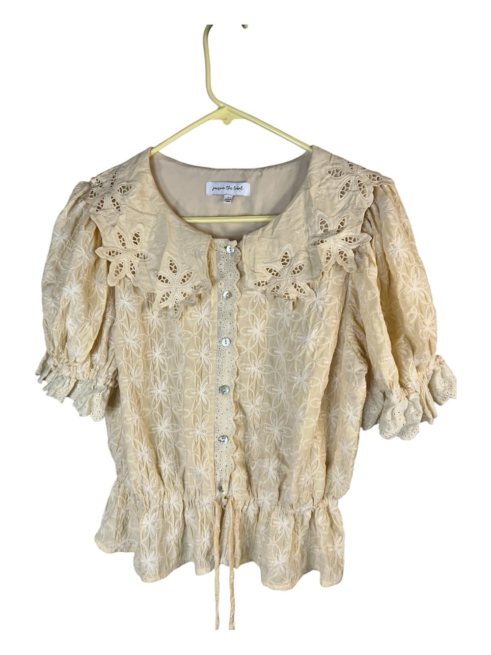 Jacqui the Label Fairycore   Yellow Floral Eyelet Lace Peplum Blouse